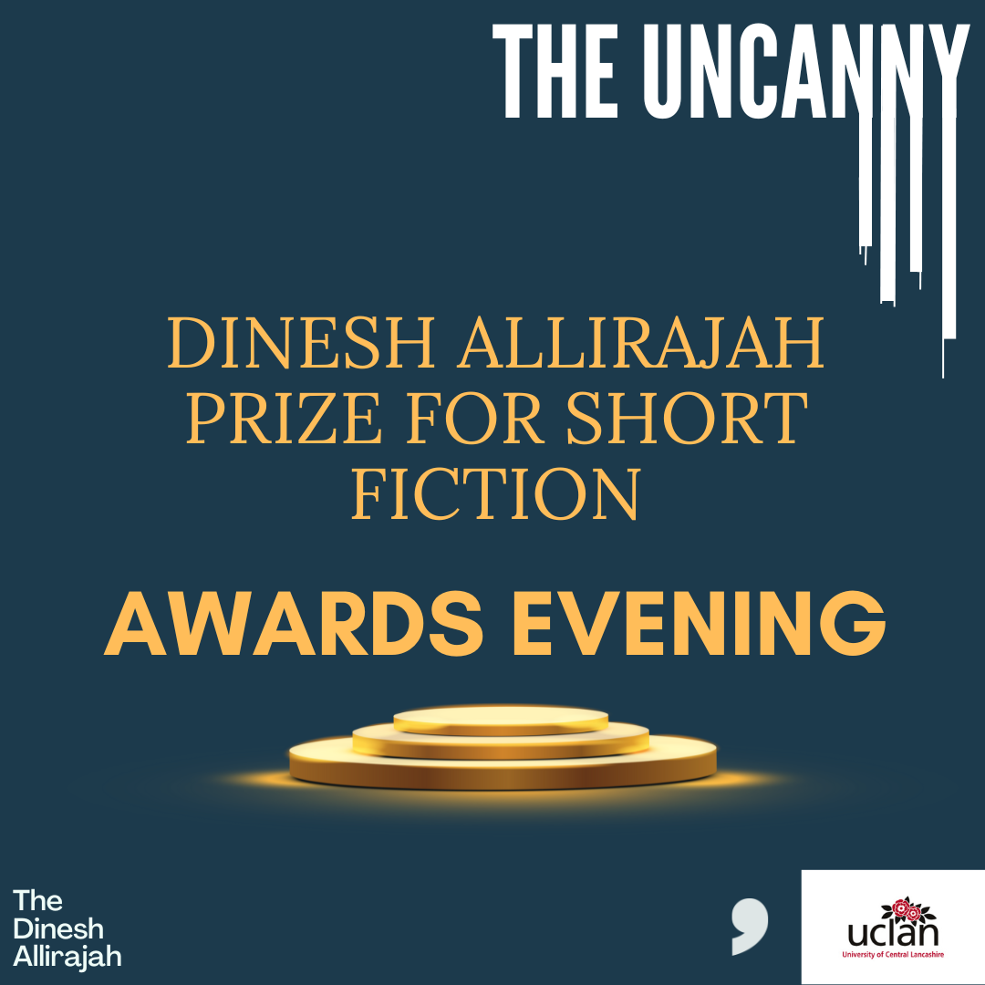 Navy background with words 'Dinesh Allirajah Prize for Short Fiction' in gold.